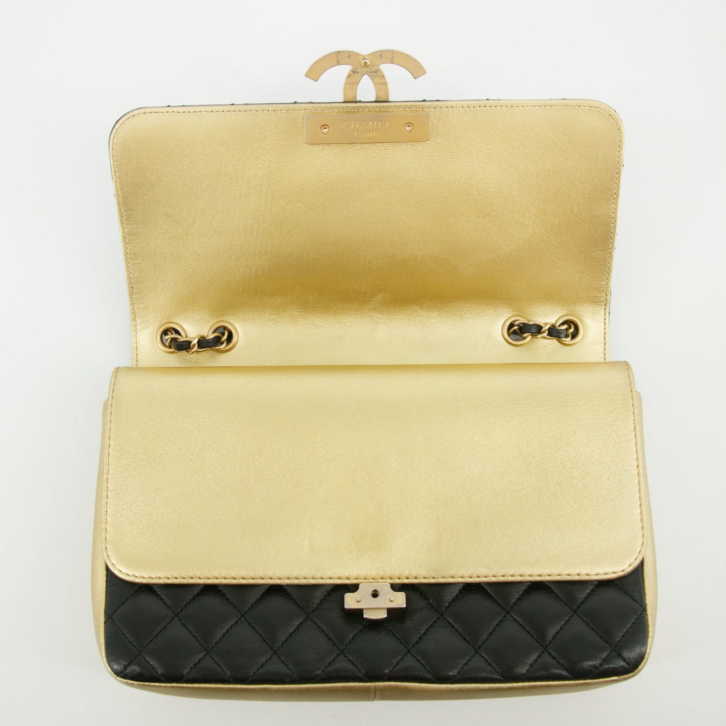 Chanel Double Flap Bag Quilted Lamb Skin Black &amp; Gold Large 28 Series-#2708