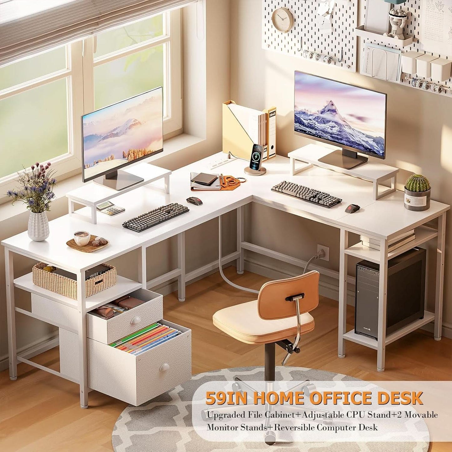 White Fifty Nine Inch L Shaped Desk With Power Outlets