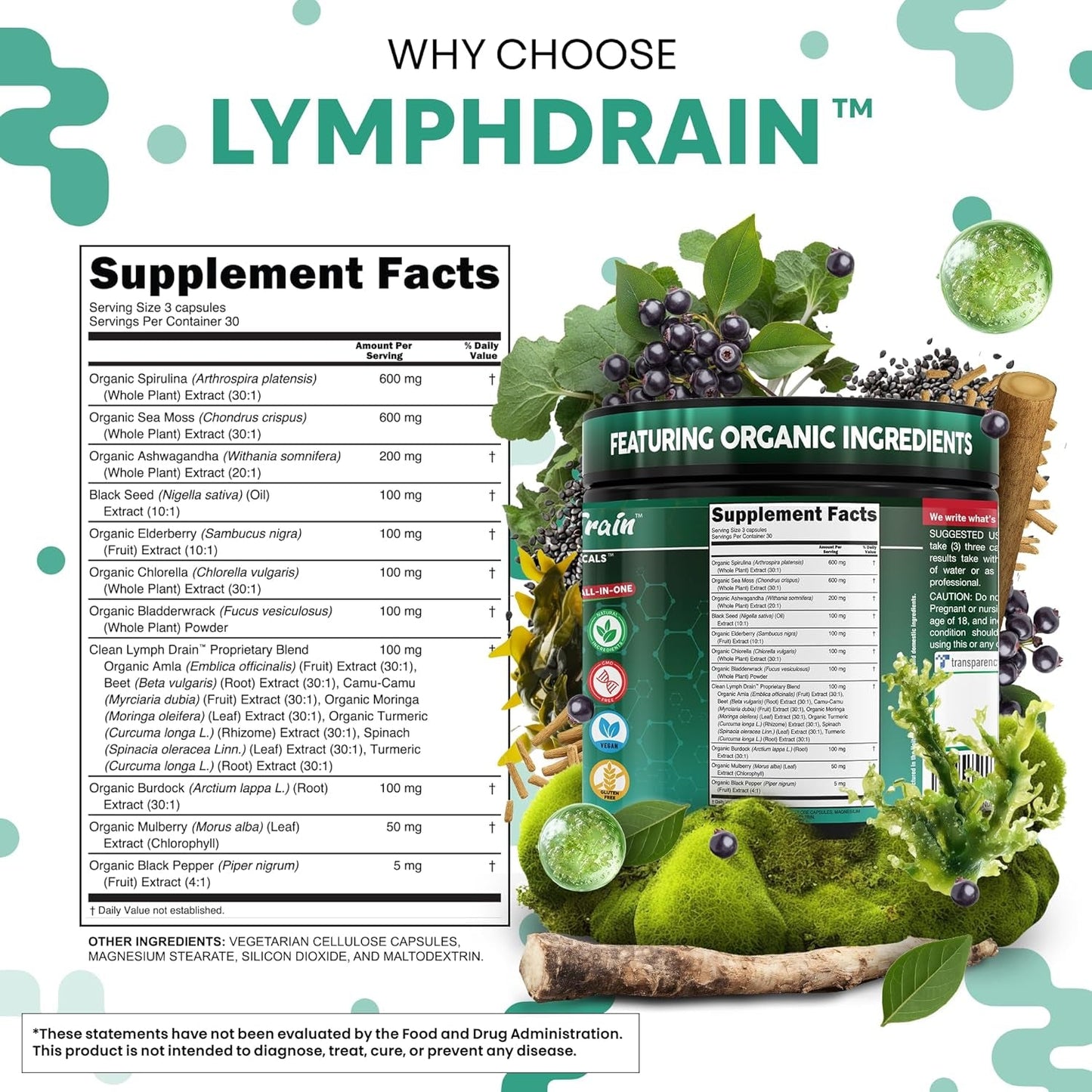 Organic Lymphatic Drainage Supplements | Elderberry Bladderwrack Burdock Root Black Seed Oil Spirulina Sea Moss Ashwagandha Chlorella Amla Beet Moringa Chlorophyll Lymph System Capsules by Clean Nutra