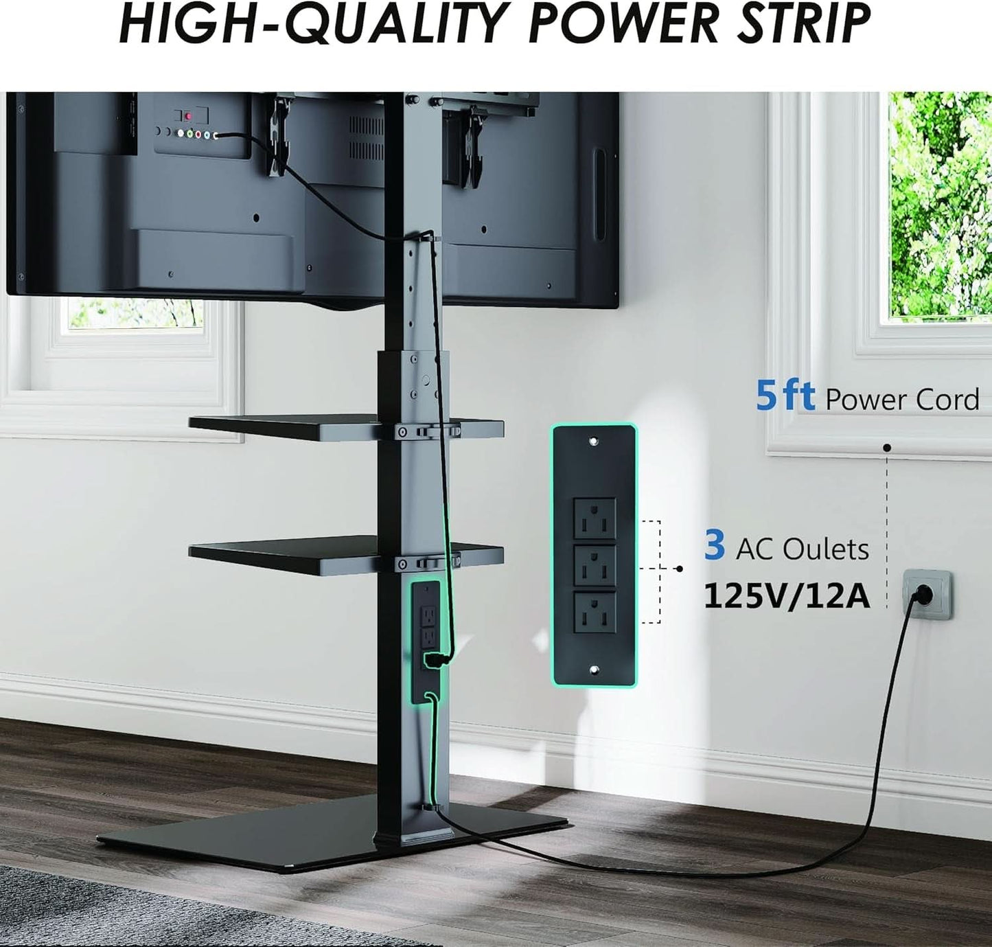 Floor TV Stand With Power Strip For 32-75 Inch TVs