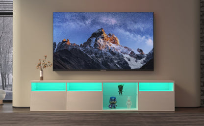 TV console with storage cabinet, 82.6-inch long LED TV stand with 31 mode switching lights (white, suitable for 75/80 inch TVs)
