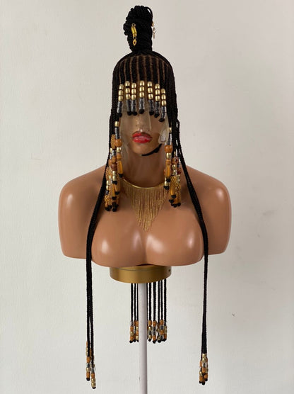 Queen Arewa Cornrow Beaded Wig (100% Full Lace Base) Color 1B