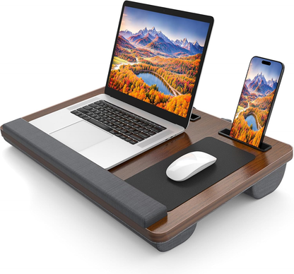 HETTHI Laptop Lap Desk, Portable Large Laptop Desk for Bed, up to 17 in Lap Table with Wrist Rest, Mouse Pad, Tablet Phone Slot, Portable Handle, Lap Tray with Cushion (Dark Brown)