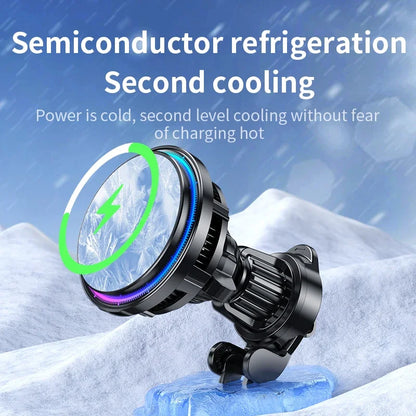 Ice Cooling Magnetic Wireless Car Charger 15W – MagSafe-Compatible Fast Charge Car Phone Holder with Cooling Fan & RGB LED