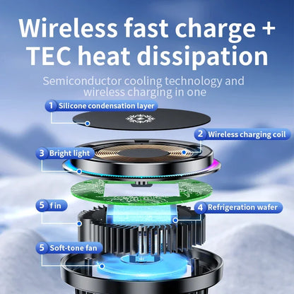 Ice Cooling Magnetic Wireless Car Charger 15W – MagSafe-Compatible Fast Charge Car Phone Holder with Cooling Fan & RGB LED